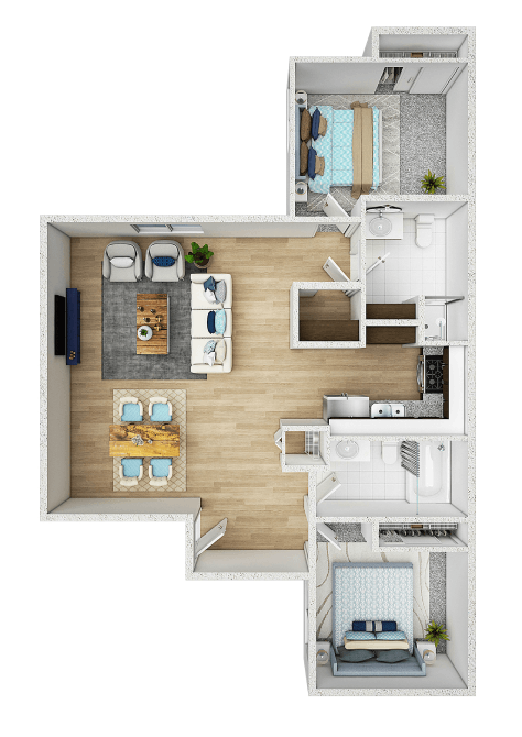 Floor plan for 2 beds, 2 baths, 743 sqft